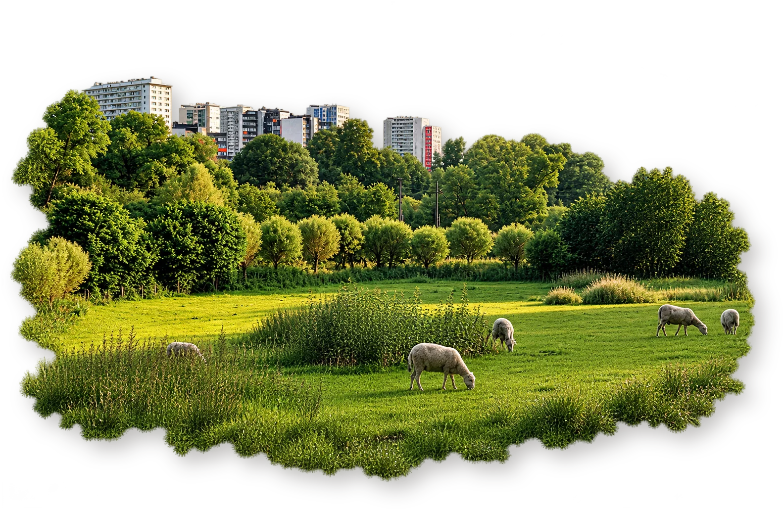 Влажный луг с овцами, кустарником и тростником на фоне городских домов