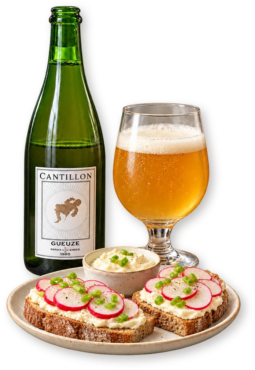 Cantillon Gueuze, бокал золотистого гёза и брюссельский поттекейс на хлебе с редисом и зелёным луком.