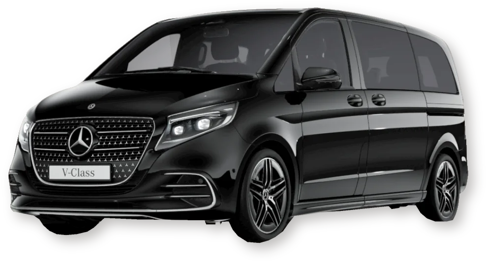 Чёрный Mercedes-Benz V-класса — официальное изображение модели, вид спереди и сбоку