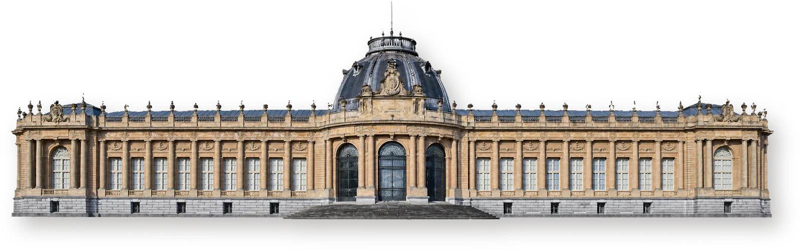 Историческое здание AfricaMuseum в Тервюрене Главный исторический корпус AfricaMuseum в Тервюрене целиком спереди: купол, три арки ротонды и по девять окон каждого крыла