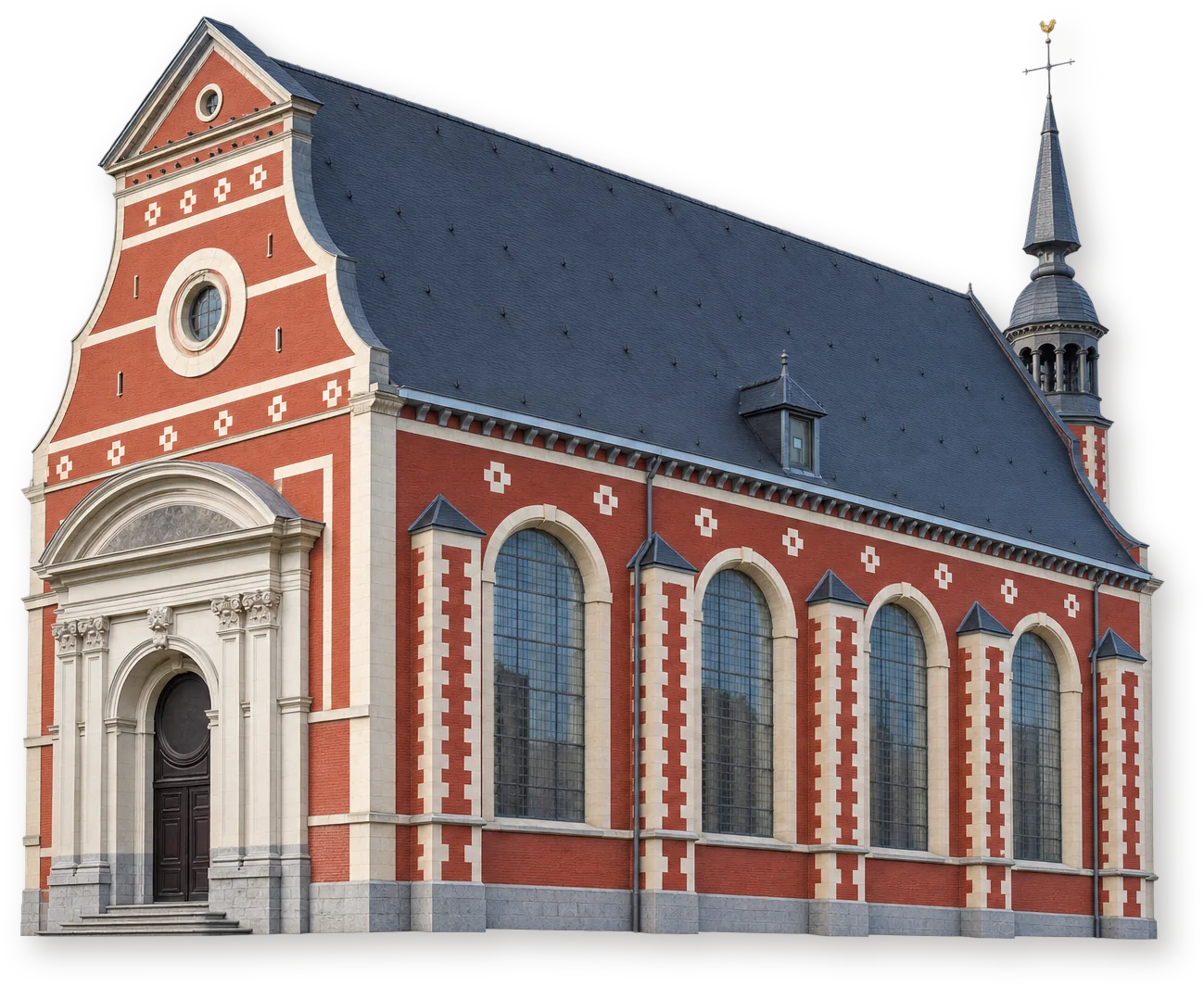 Artothèque de Mons — бывшая часовня урсулинок Кирпичная часовня Artothèque de Mons с белокаменным порталом, тёмной кровлей и задней башенкой