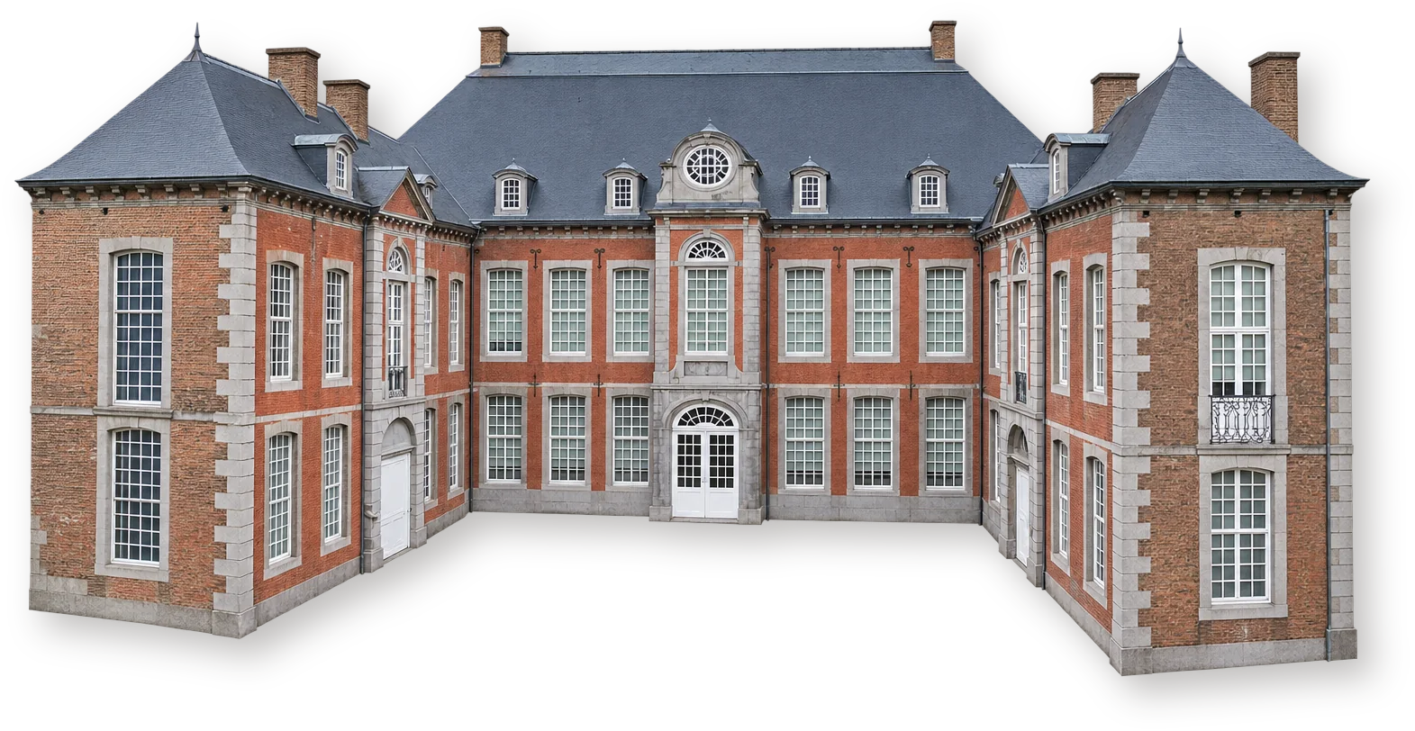 Musée des Arts décoratifs de Namur — Hôtel de Groesbeeck-de Croix Краснокирпичный особняк музея декоративных искусств Намюра с двумя боковыми крыльями и сланцевыми крышами