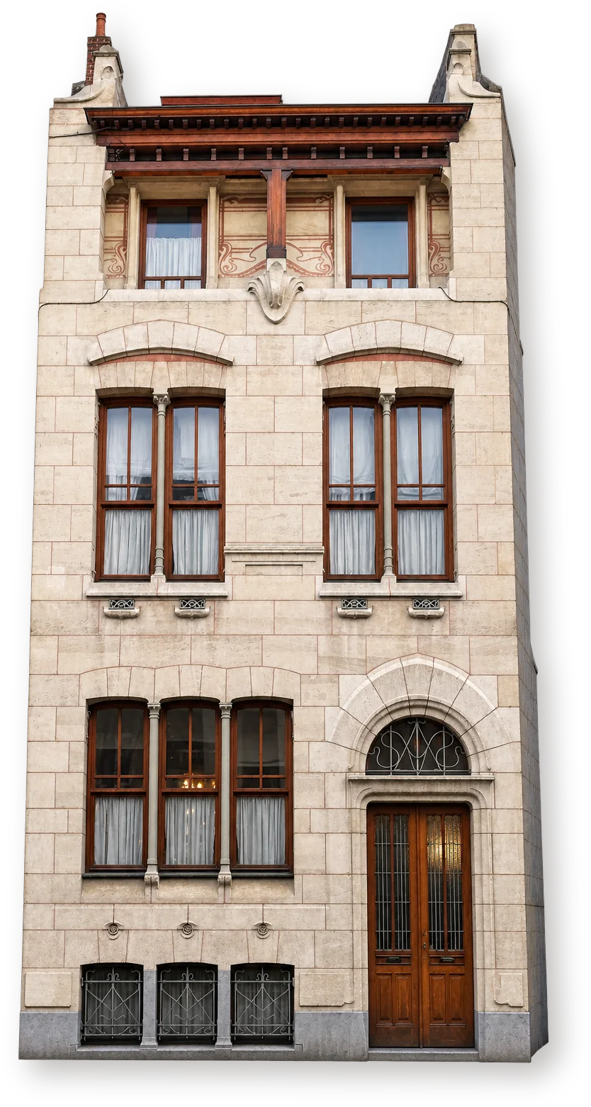 Maison Autrique — дом Отрика в Брюсселе Дом Отрика в Брюсселе: фасад Виктора Орта с каменной облицовкой, деревянным карнизом и арочным входом