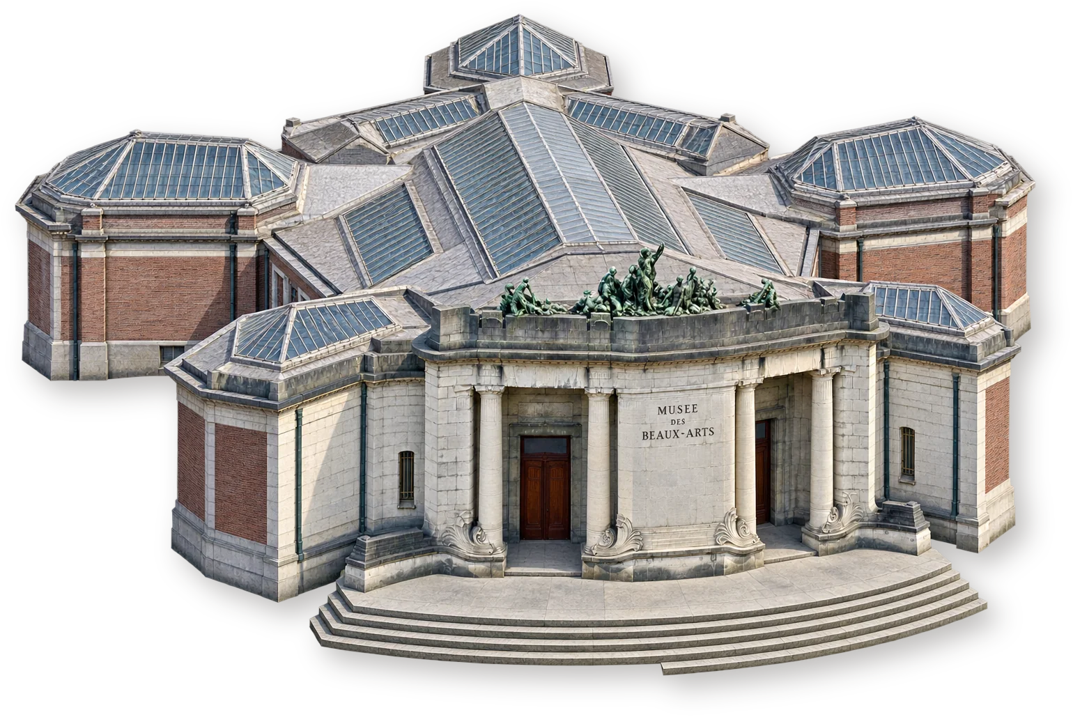 Musée des Beaux-Arts de Tournai — здание Виктора Орта Музей изящных искусств Турне: известняковый фасад Виктора Орта и расходящиеся под стеклянными крышами галереи