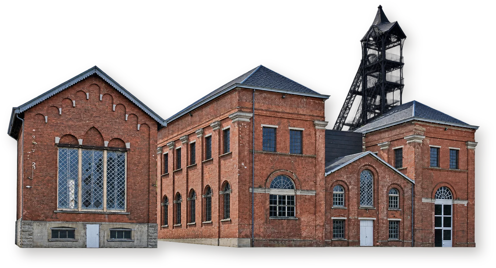 Главный шахтный корпус Saint-Emmanuel в музее Bois-du-Luc — кирпичные залы и стальной копёр
