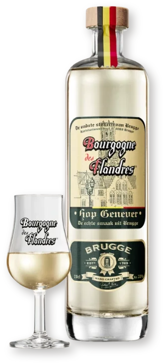 Bourgogne des Flandres Hop Genever Бутылка и бокал Bourgogne des Flandres Hop Genever