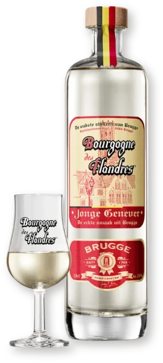 Bourgogne des Flandres Jonge Genever Бутылка и бокал Bourgogne des Flandres Jonge Genever