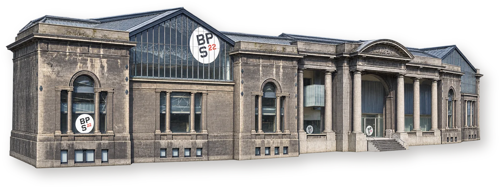 BPS22 — павильон искусства 1911 года в Шарлеруа Здание BPS22 со стеклянным фронтоном, арочными окнами и каменным портиком