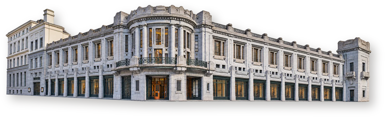 CINEMATEK — Palais des Beaux-Arts / BOZAR, Брюссель Здание Palais des Beaux-Arts в Брюсселе с высокой секцией CINEMATEK и угловой ротондой