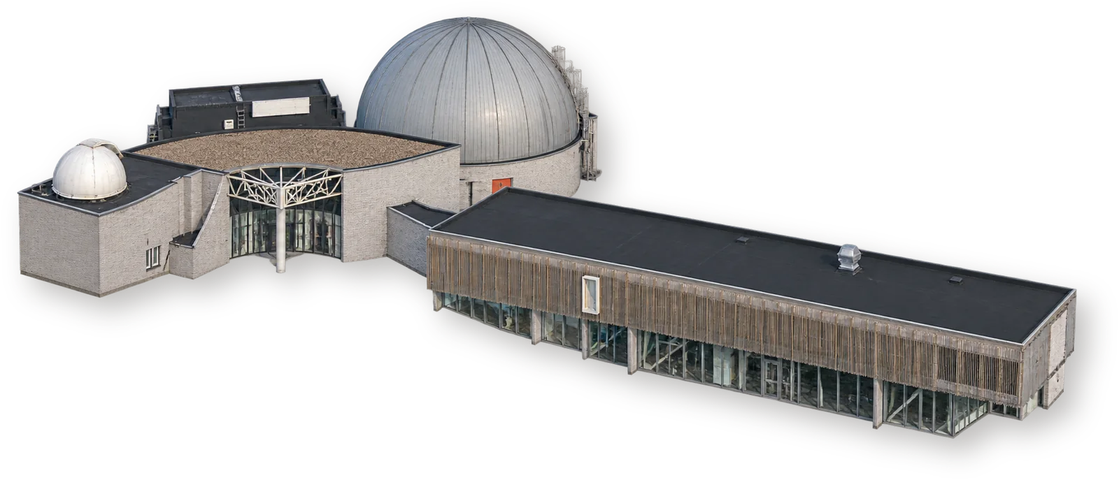 Cosmodrome — планетарий и обсерватория Kattevennen в Генке Здание Cosmodrome в Генке: большой купол планетария, малая обсерватория и соединённый корпус приёма посетителей