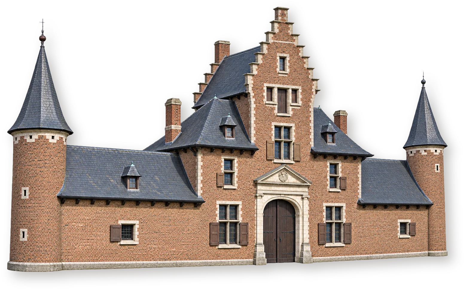 Кирпичная воротная постройка Hofke van Roosendael с двумя круглыми башенками — музей De Kijkuit в Мерксеме