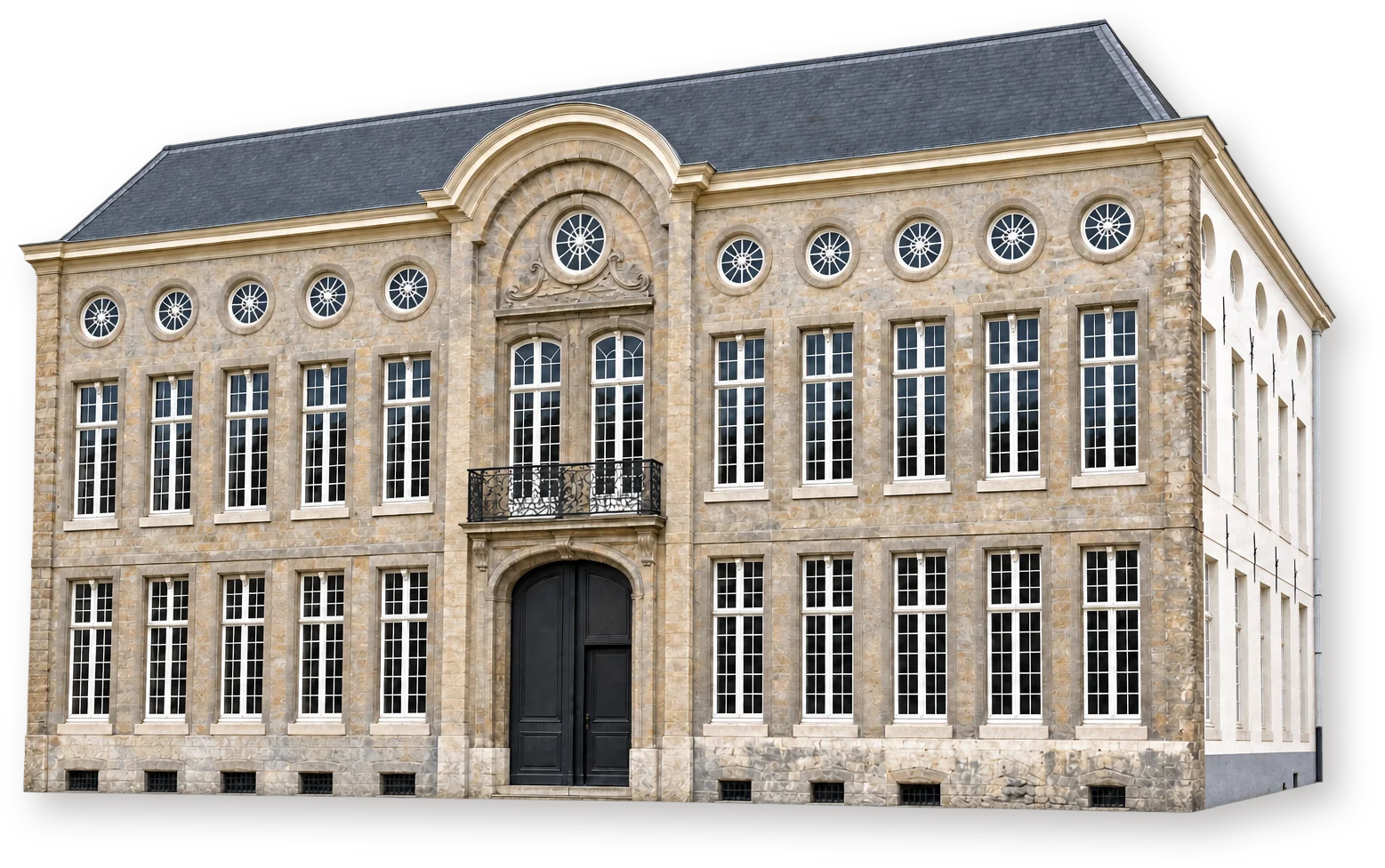 Музей дизайна в Генте — Hotel De Coninck Исторический корпус Hotel De Coninck Музея дизайна в Генте: каменный фасад с овальными окнами, центральным балконом и арочным въездом