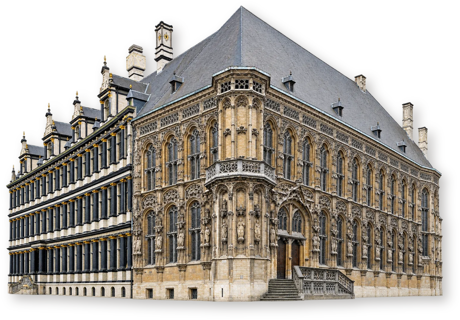 Готическое и ренессансное крылья Гентской ратуши на углу Hoogpoort и Botermarkt