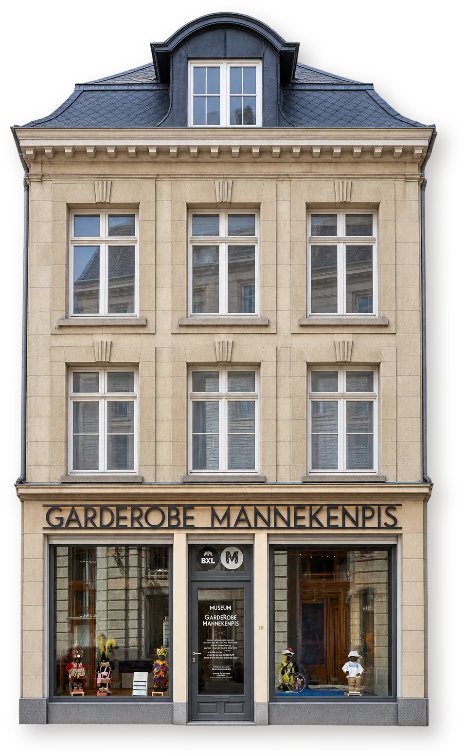Основной уличный фасад музея GardeRobe MannekenPis в Брюсселе: три оконные оси, светлый камень и мансардная крыша