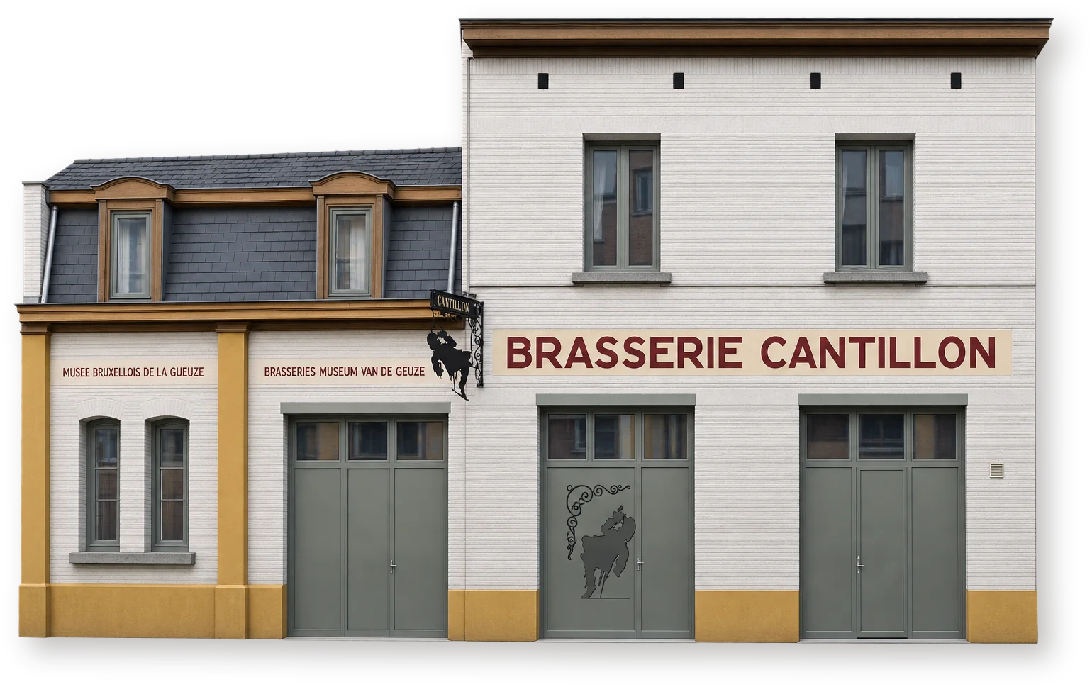 Два связанных фасадных корпуса пивоварни Cantillon и музея гёза в Брюсселе с мансардой и вывеской