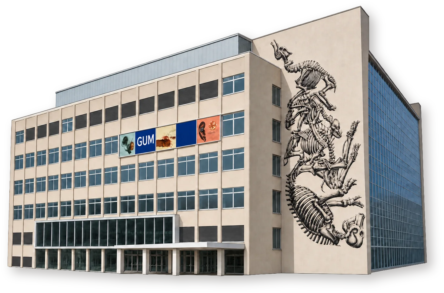 GUM — здание Гентского университетского музея Здание GUM в Генте с настенной росписью ROA — объёмная иллюстрация