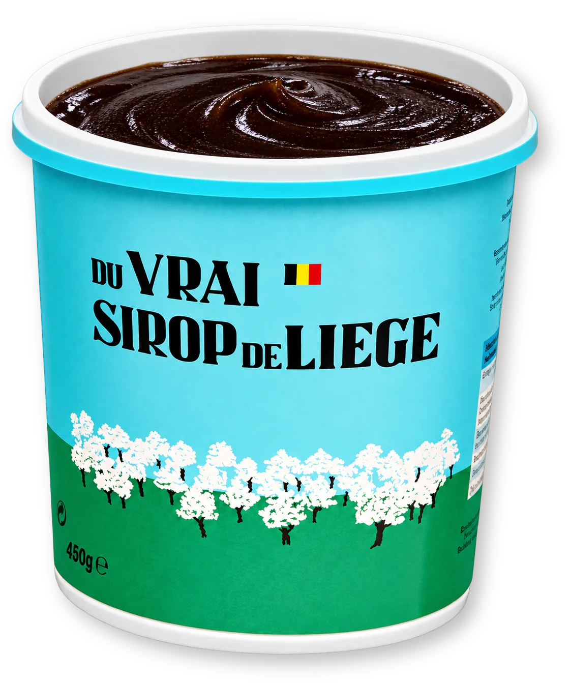Открытая бирюзовая упаковка Du Vrai Sirop de Liège с густым тёмным сиропом внутри