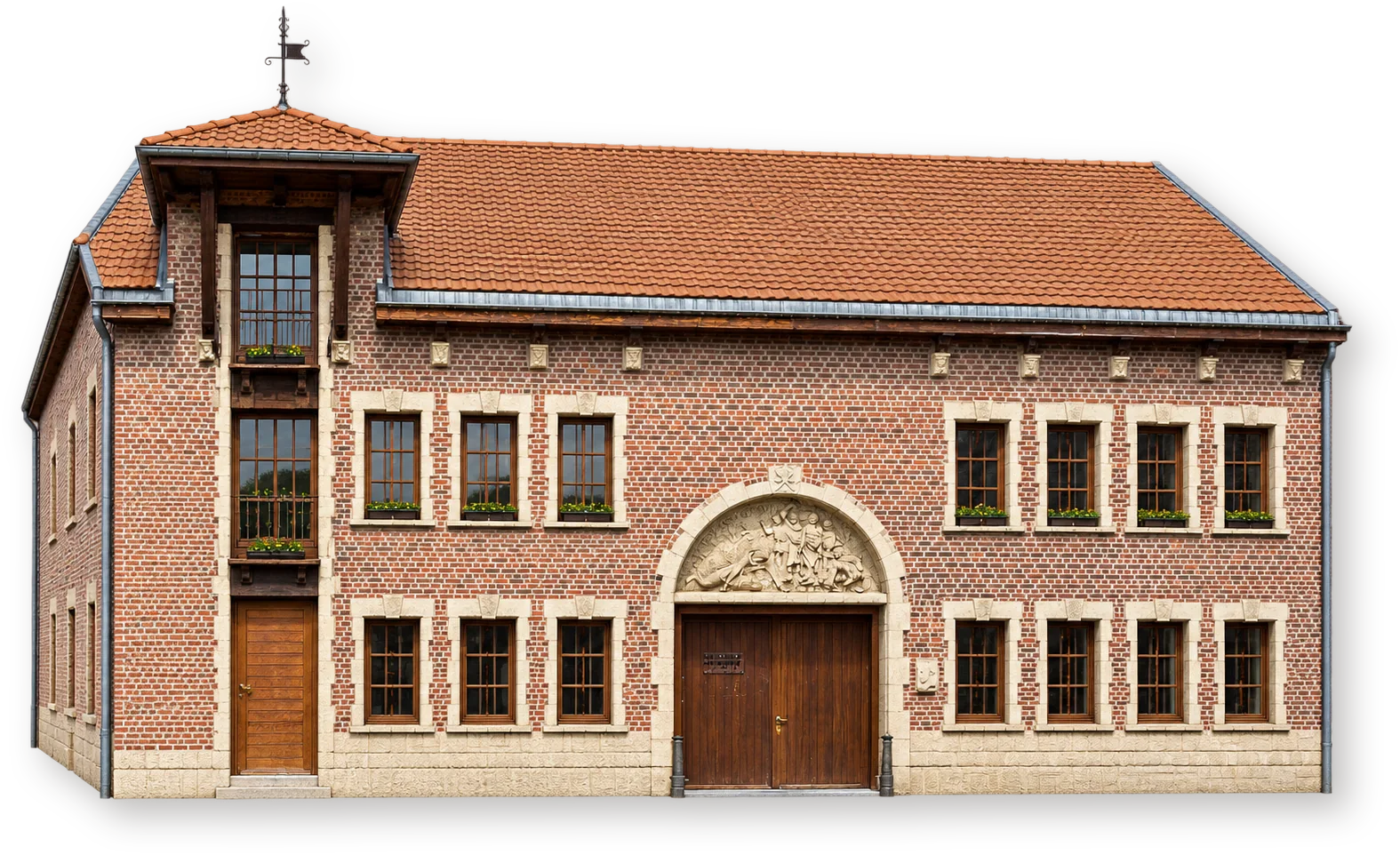 Целое кирпичное здание музея Maison de la Poterie в Буффиу с черепичной крышей и резным арочным входом