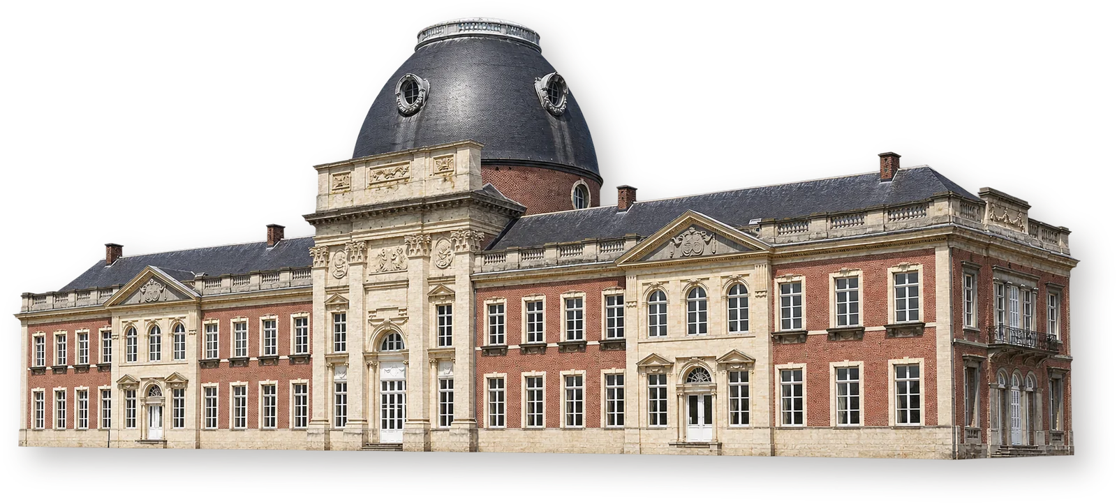 MiaBW в Château d’Hélécine — главный корпус бывшего аббатства Главный корпус бывшего аббатства Хейлиссем с куполом; в правом павильоне расположен музей MiaBW