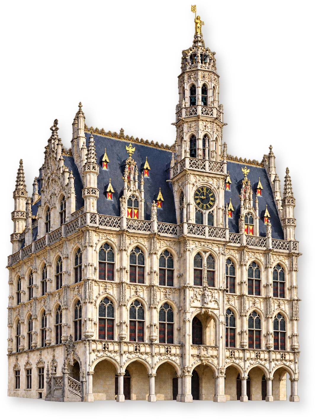 Объёмная иллюстрация позднеготической ратуши Ауденарде с беффруа, в которой размещены собрания музея MOU