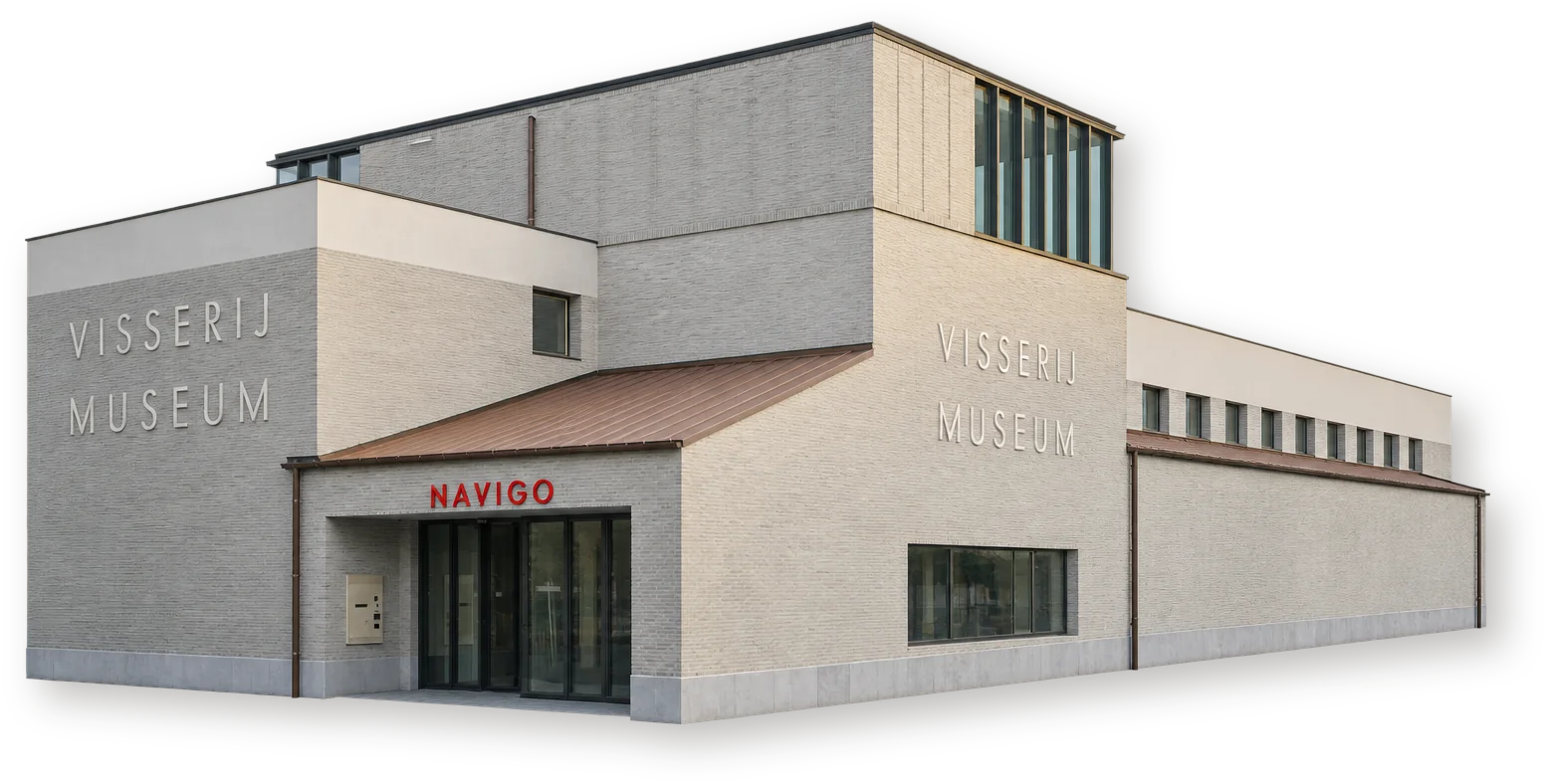 Музей рыболовства NAVIGO в Остдюнкерке — новое светлое кирпичное крыло с залом кашалота и входом