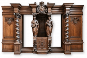 Резная дубовая исповедальня XVII века со святыми Петром и Павлом в церкви Святого Иакова в Брюгге