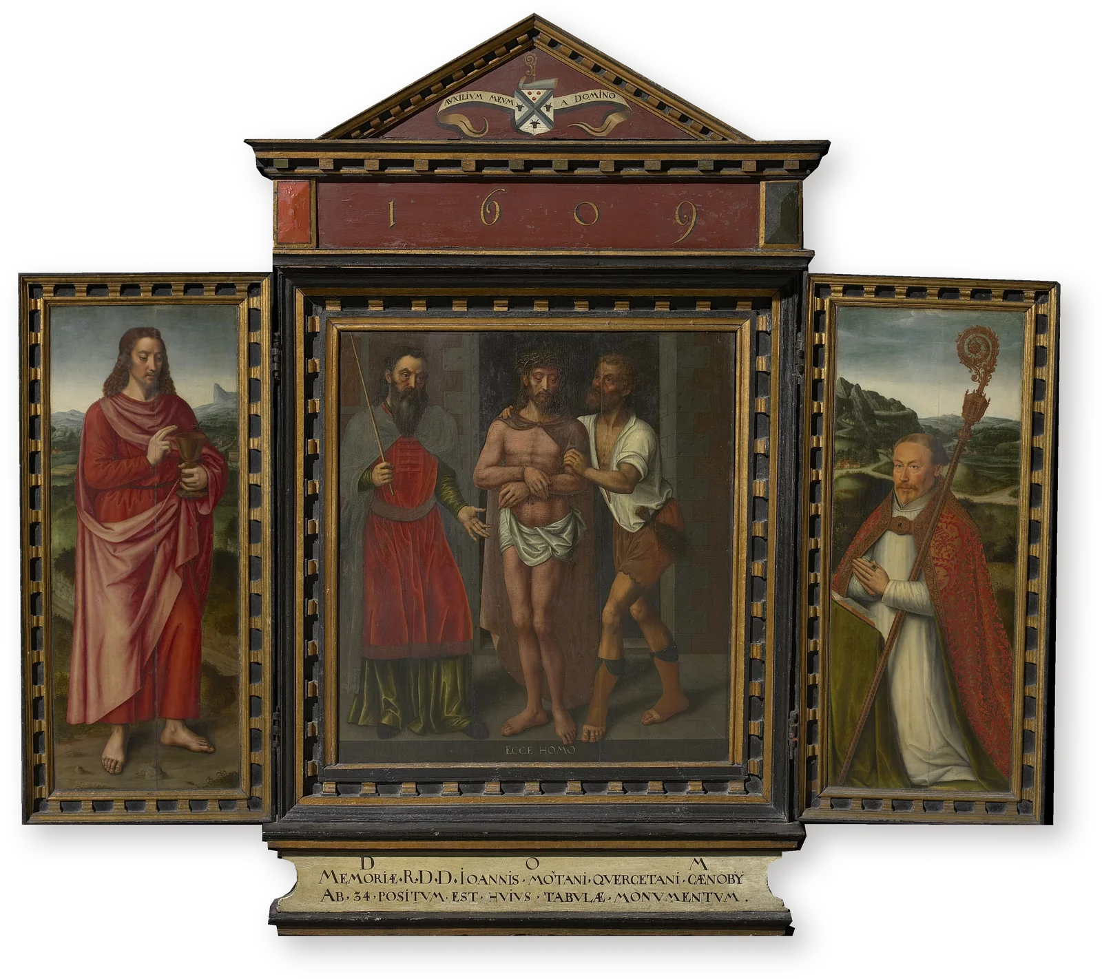 Ecce Homo Питера Клайссенса — триптих 1609 года в сокровищнице собора Спасителя в Брюгге Триптих Ecce Homo Питера Клайссенса, 1609: Христос в центре, Иоанн слева и аббат Иоанн Монтанус справа, в оригинальной раме