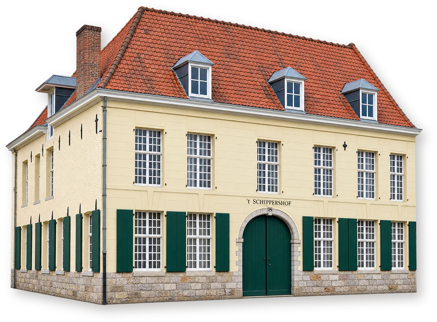 Stadsmuseum ’t Schippershof — исторический постоялый двор в Менене Угловое здание Schippershof в Менене: светлый фасад, зелёные ворота и красная черепичная крыша