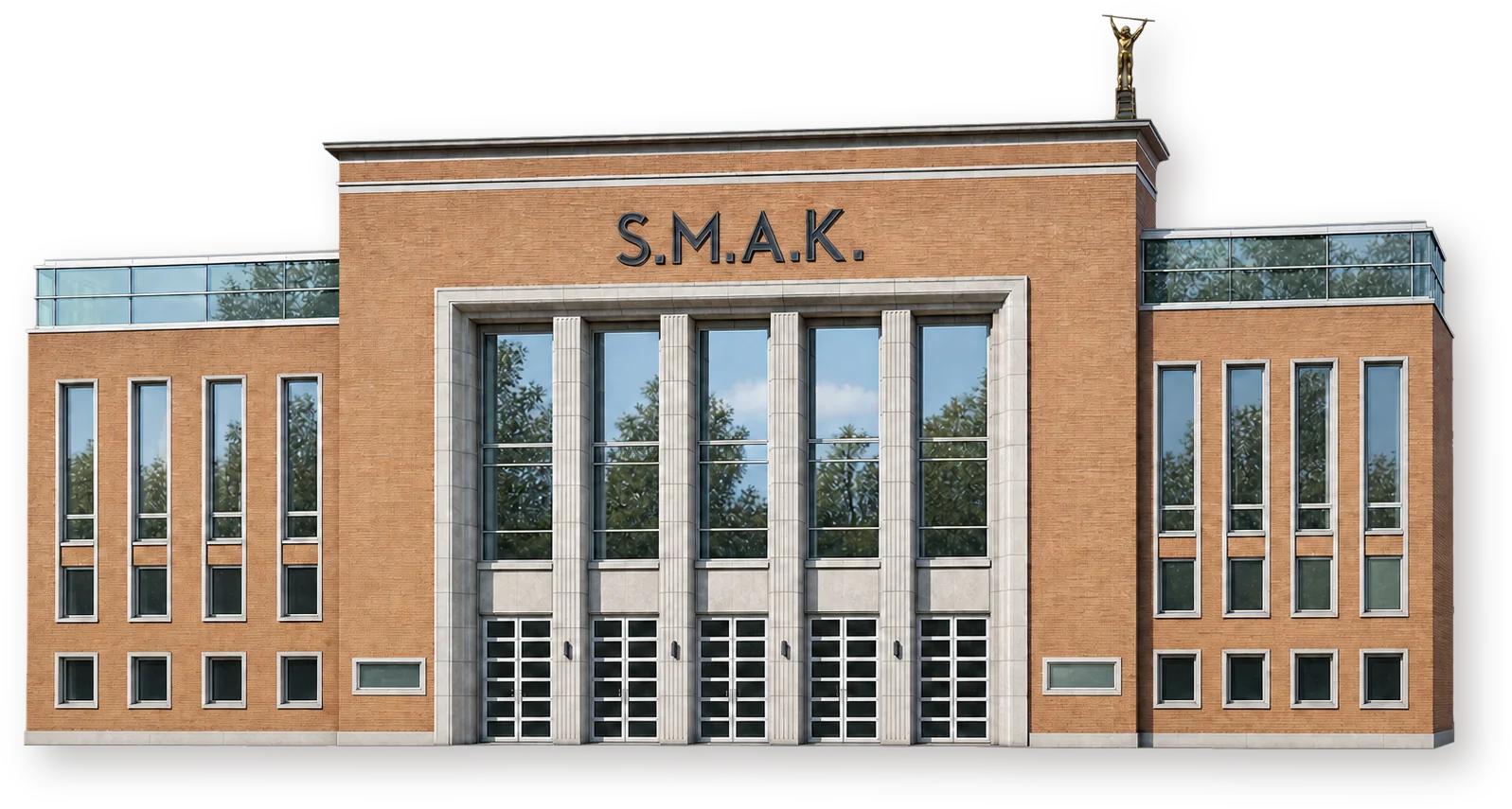 Кирпичное здание музея S.M.A.K. в Генте с пятиосным застеклённым входом и скульптурой на крыше
