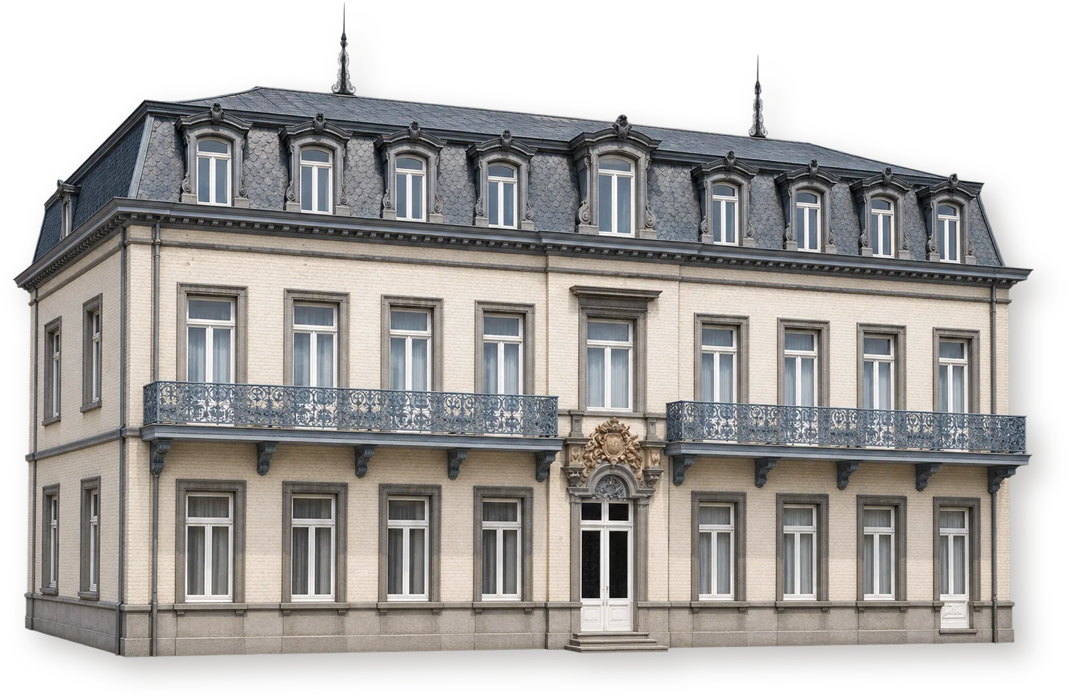 Главный корпус Королевской виллы Спа со светлым фасадом, шиферной мансардой и коваными балконами