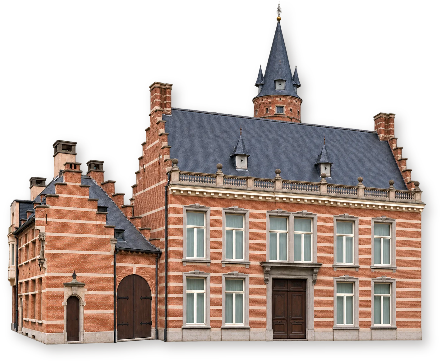 Taxandriamuseum — Дом с башней в Тюрнхауте Дом с башней, в котором расположен музей Таксандрия: кирпичный фасад, каменные ленты и шиферная башня