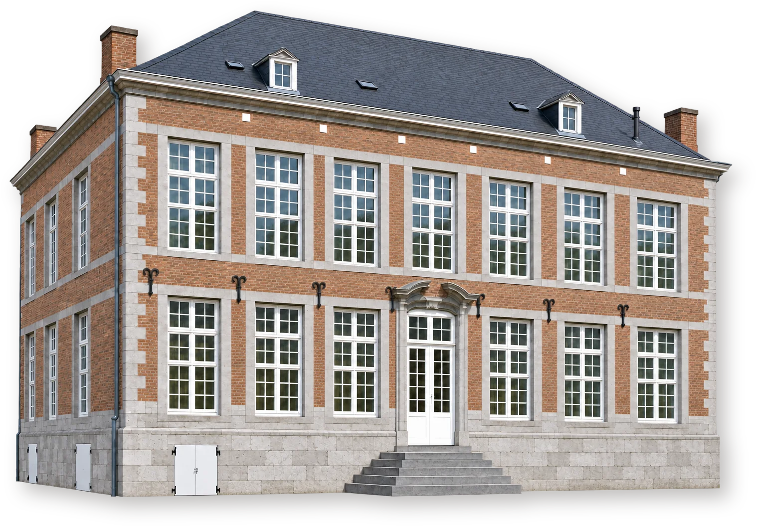 TreM.a — Hôtel de Gaiffier d’Hestroy Кирпичный особняк музея TreM.a в Намюре с семью оконными осями, белыми окнами и сланцевой крышей