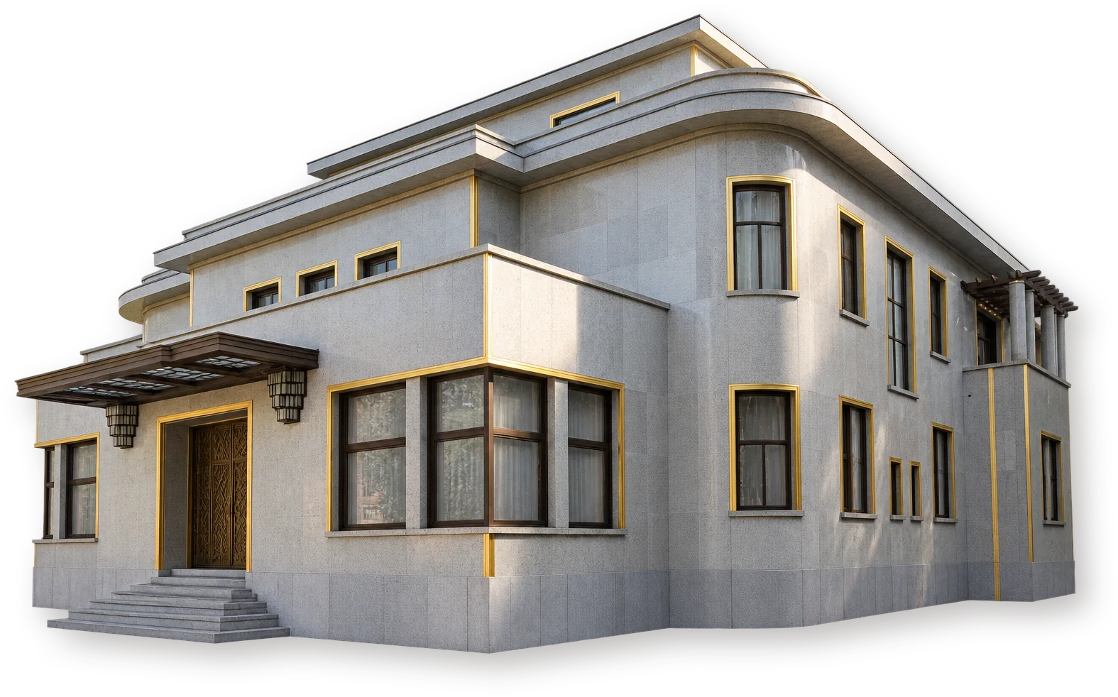 Villa Empain — вилла Эмпен в Брюсселе Вилла Эмпен в Брюсселе: серые гранитные фасады с золотистыми оконными рамами и округлым углом