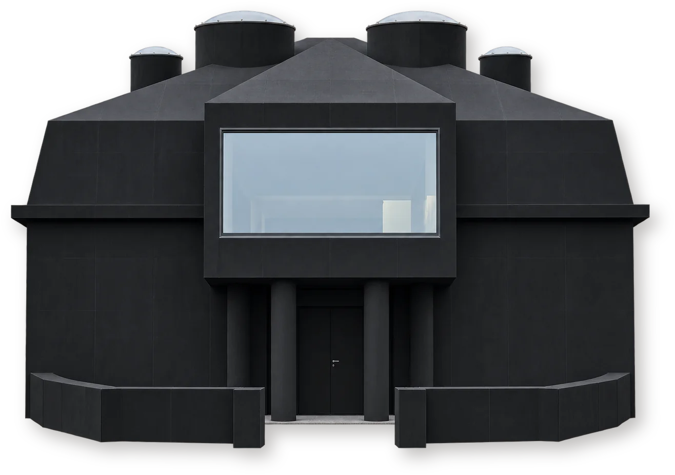 Чёрное здание Wunderkammer Residence с четырьмя круглыми световыми фонарями в Дёрле